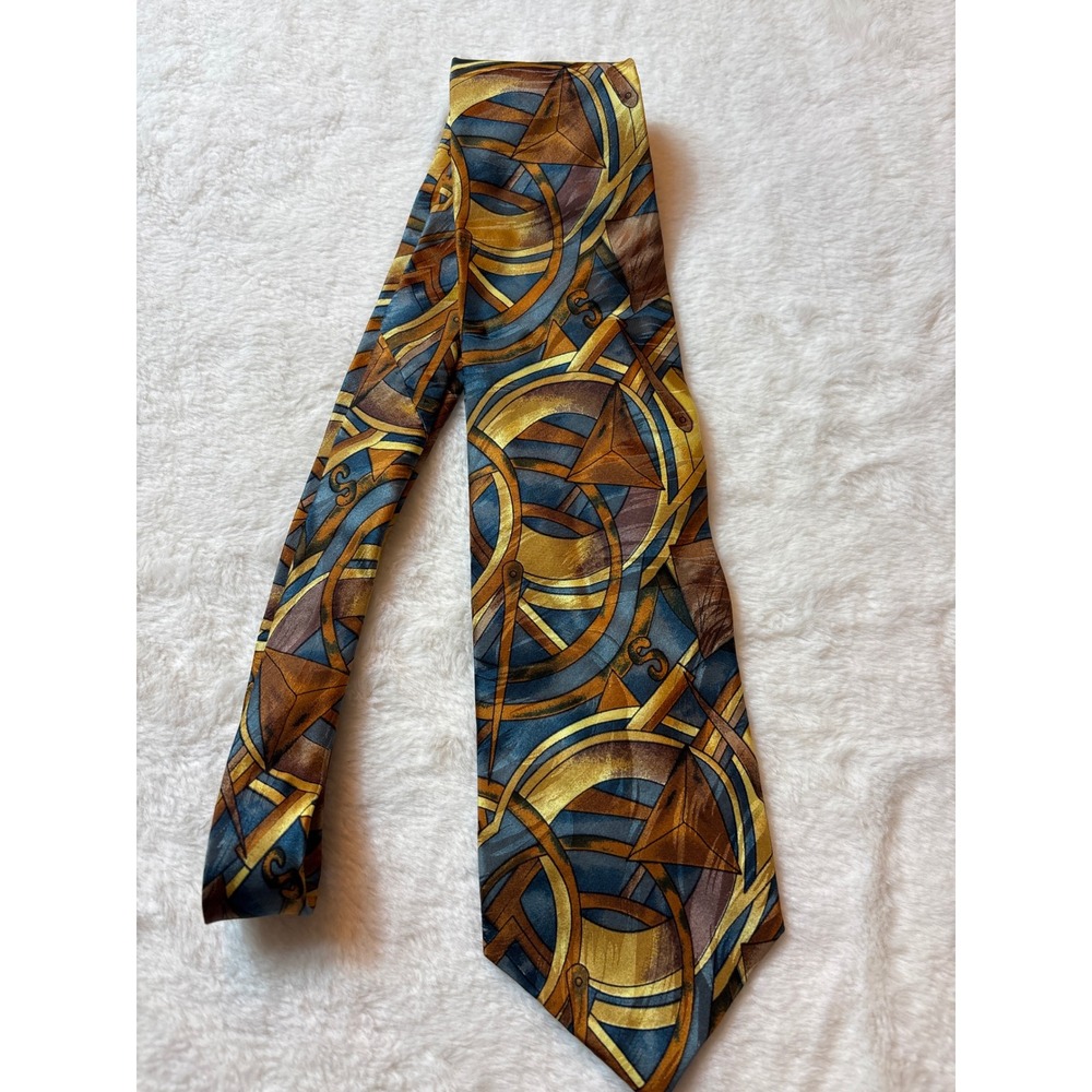 J Garcia Mens Silk Necktie Abstract Geometric Gold Blue Brown Made in USA